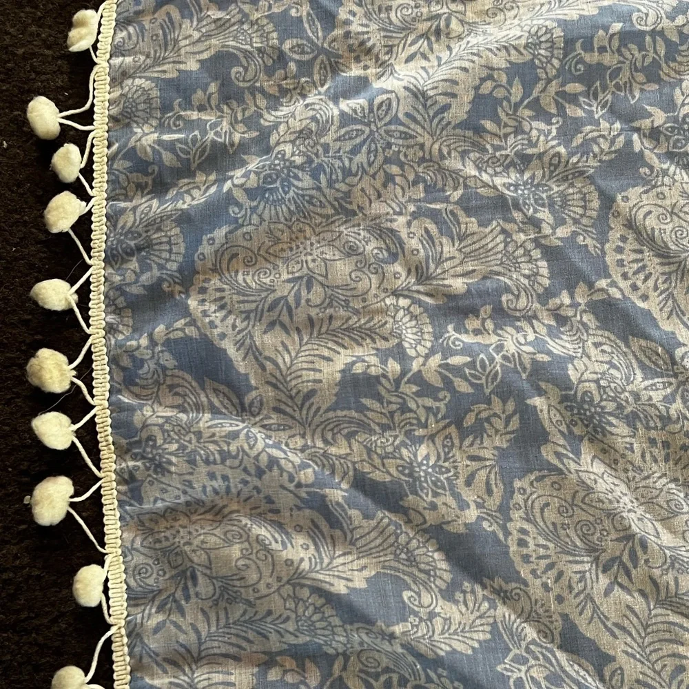 Light weight blue and white scarf. Polyester. With Pom poms at either end - Picture 7 of 9